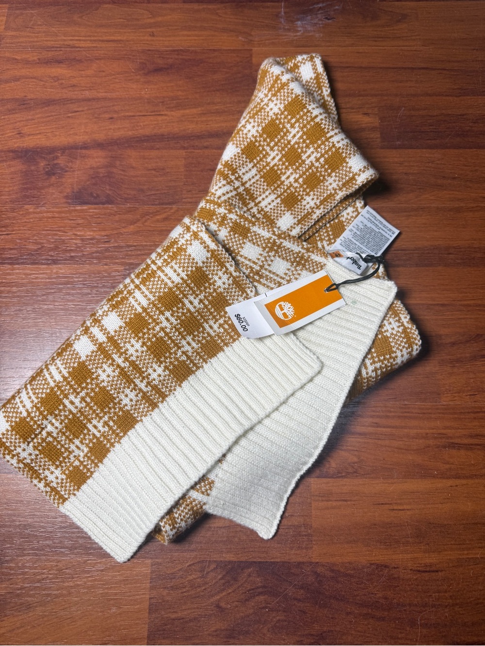 Timberland Mustard and Cream Plaid Knit Winter Scarf Christmas Gift NWT